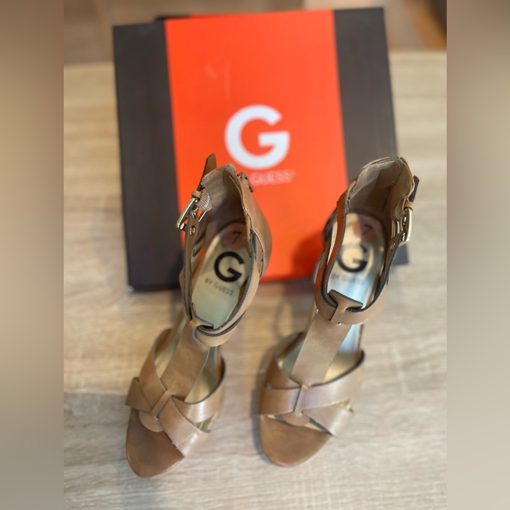 Tan strappy heels, G by Guess, size 7